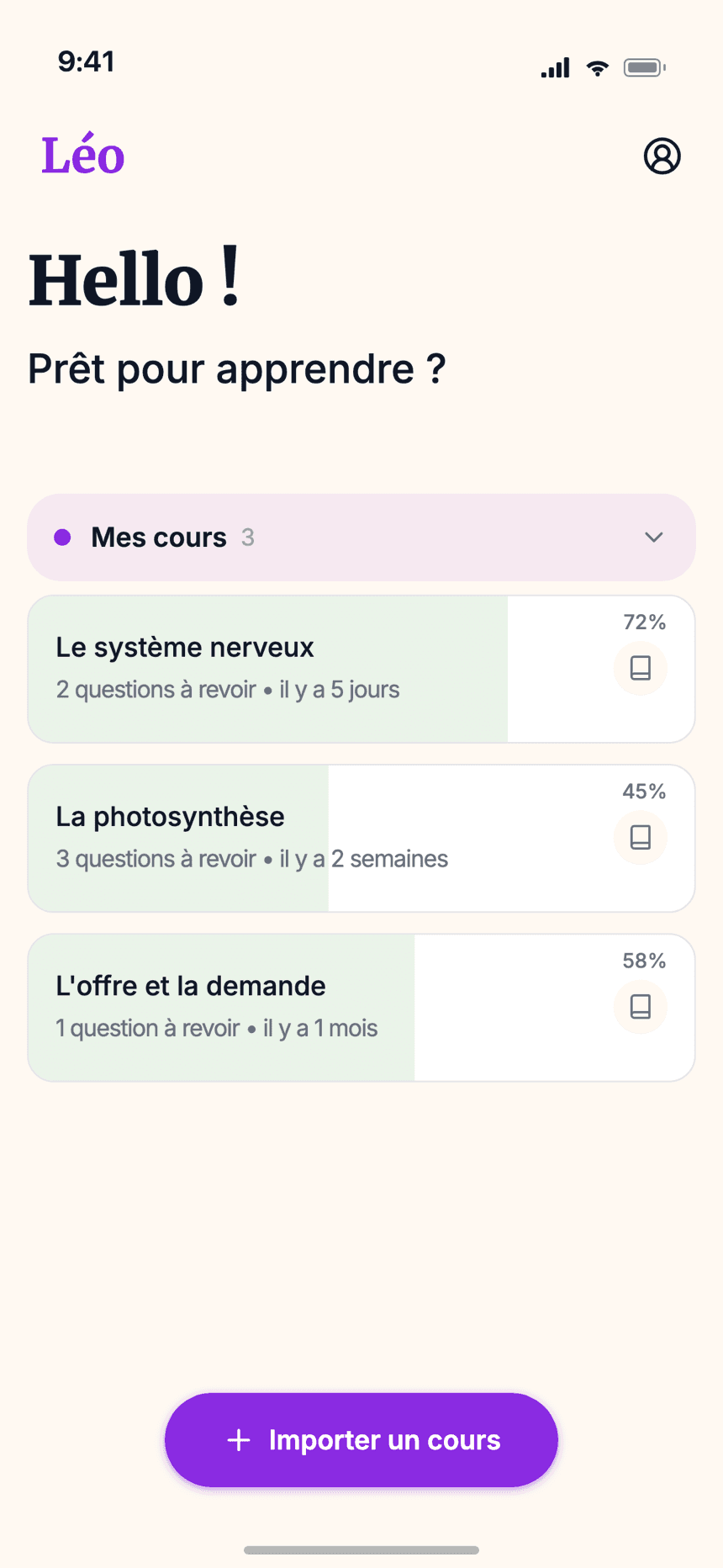 Accueil étudiant Wizidoo — cours importés et pourcentage de maîtrise