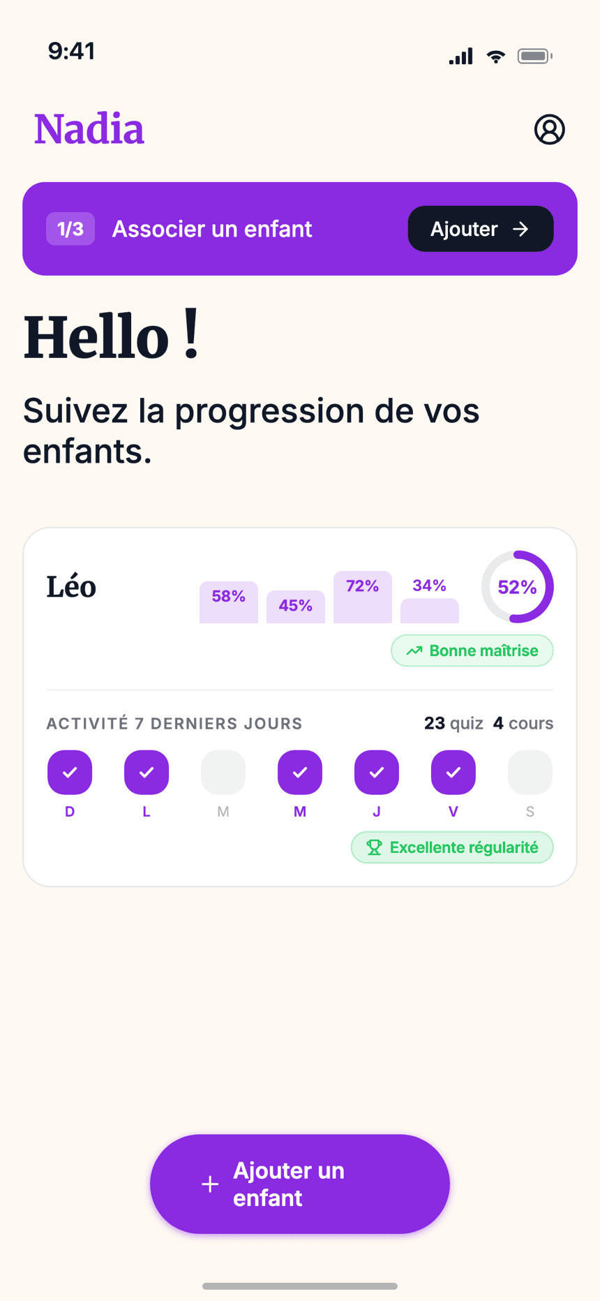 Accueil parent Wizidoo — carte enfant et suivi des révisions